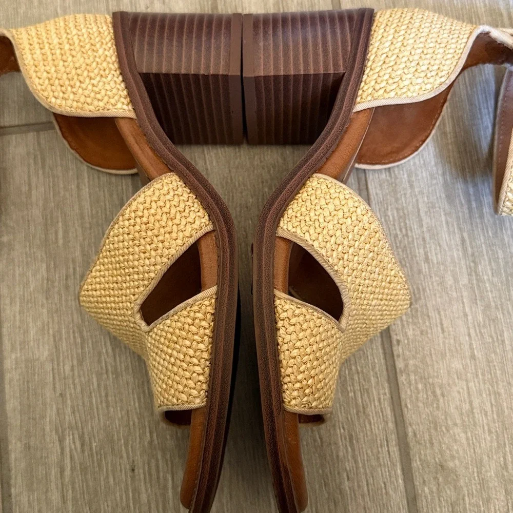 Zodiac IDA Woven‎ Raffia Block Heel Sandals Beige Ankle Strap SZ 8